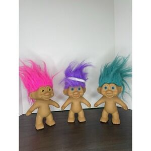 Vintage Trolls Doll 1991 TNT Brand Set Of 3 Blue Hair, Pink Hair And Purple Hair